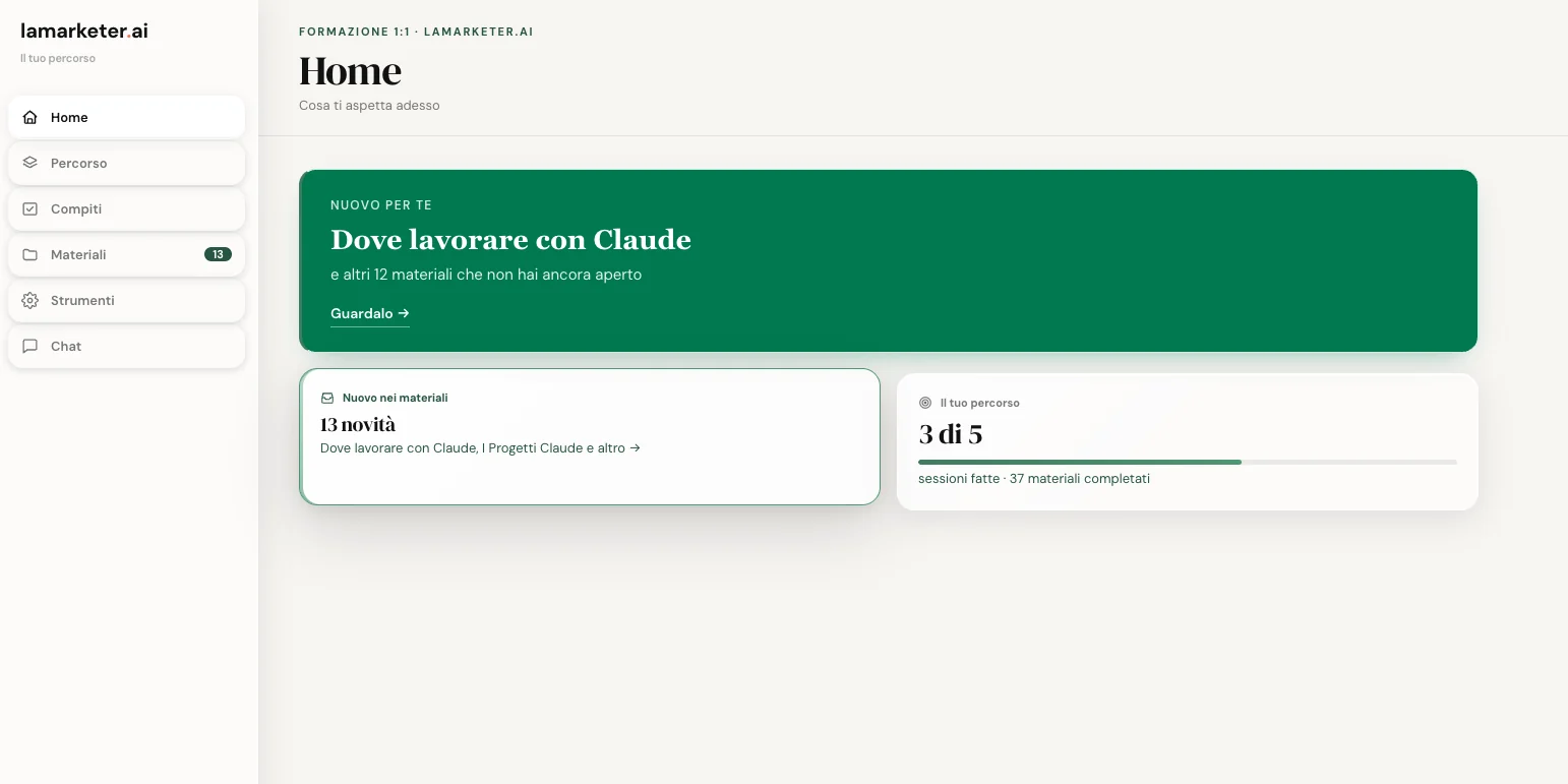 La pagina iniziale della piattaforma, con le sessioni, i compiti e i materiali del percorso.